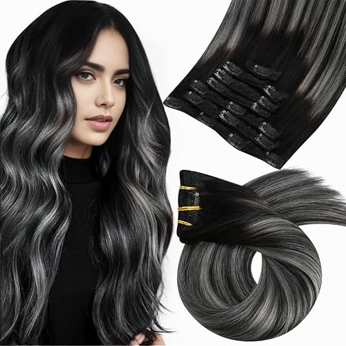 Moresoo Clip in Hair Extensions 22&quot; Balayage Black to Silver Human Hair 120g 7Pcs