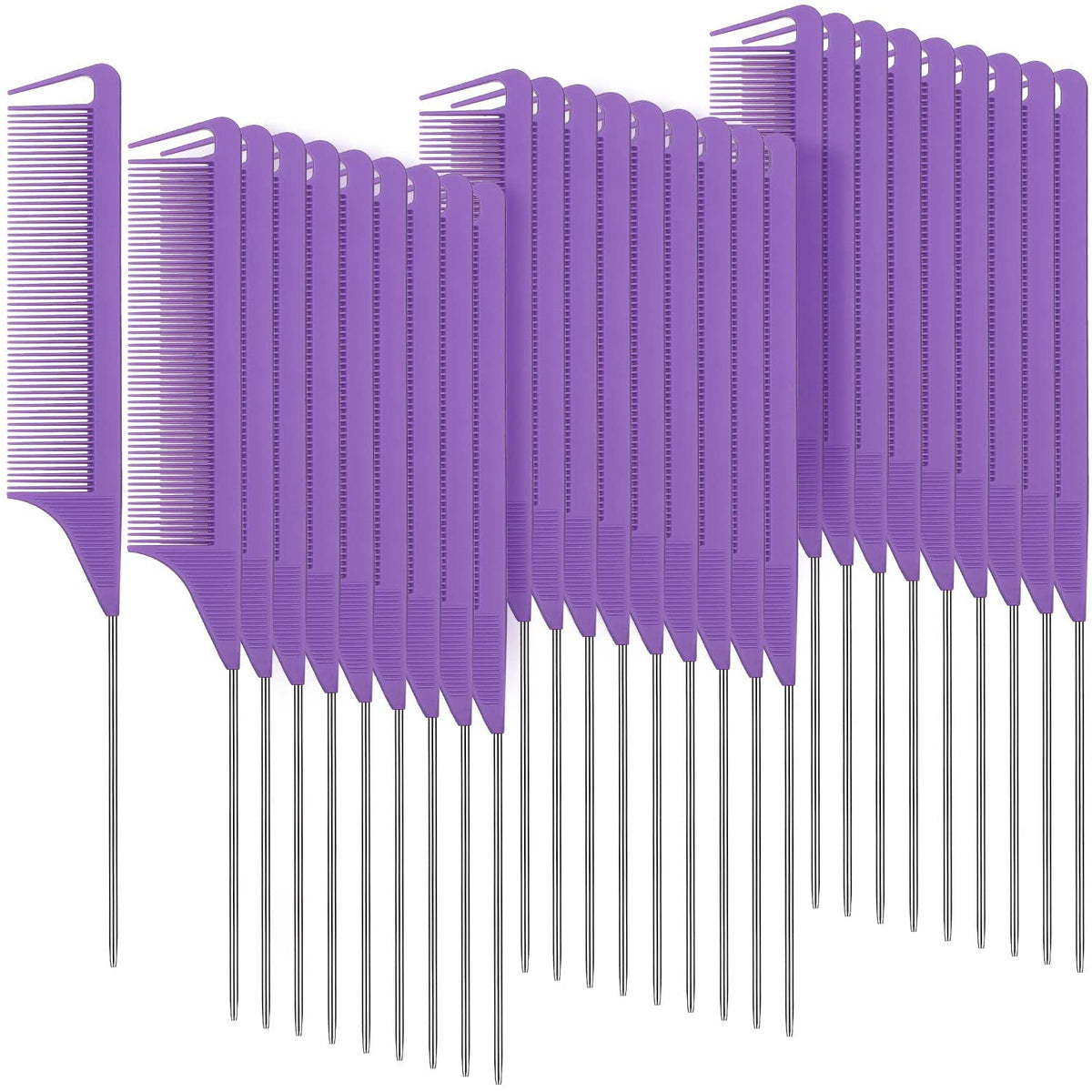 Patelai 30 Pieces Purple Rat Tail Comb Set - Heat Resistant Teasing Combs With Stainless Steel Pintail