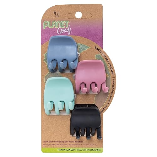 Goody Plant-Based Claw Clips, Medium, Extra Strong, 4 Count - Bright Colors: Pink, Periwinkle, Green,