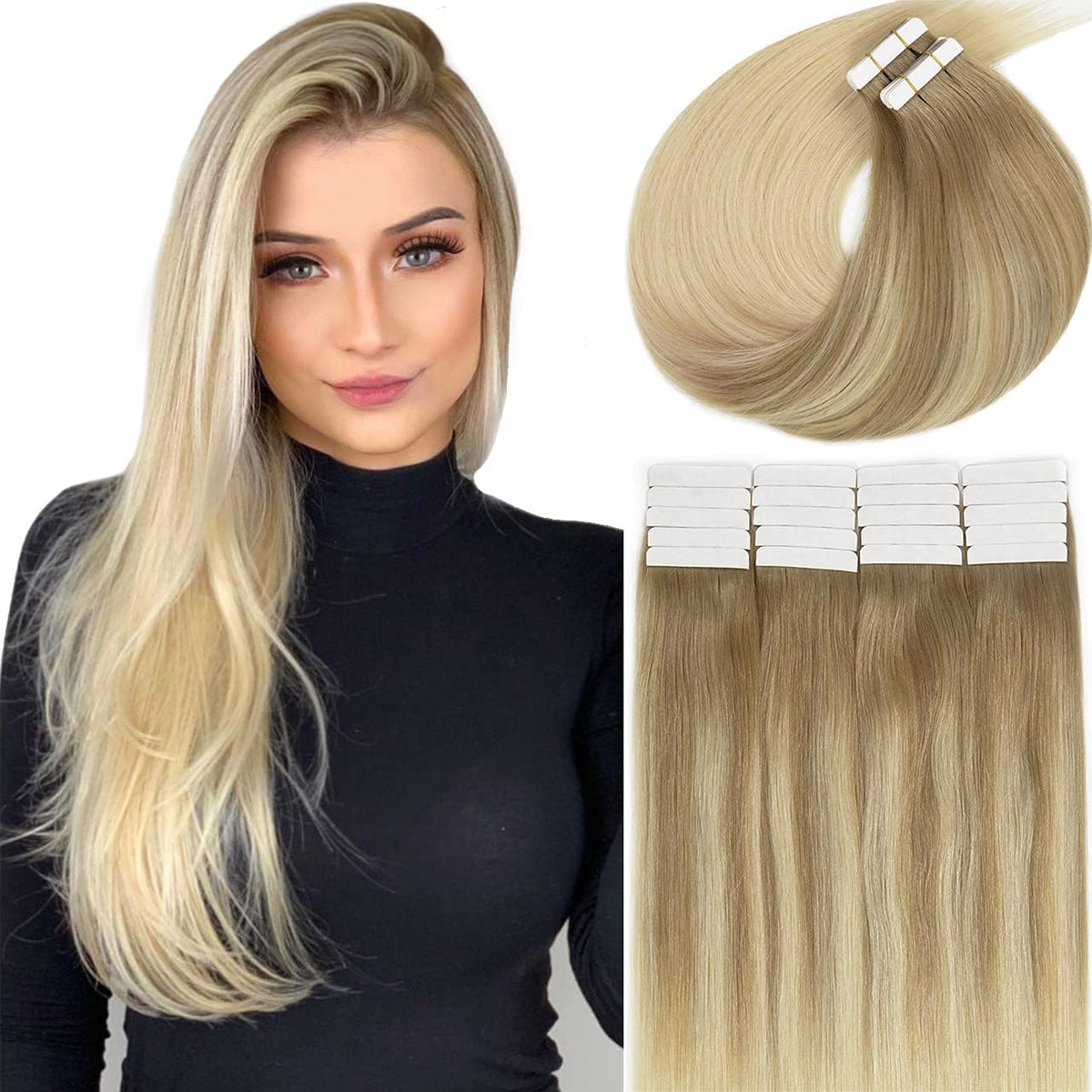 Lacer Hair Balayage Tape-In Extensions, Human Hair, Ombre Light Brown To Platinum Blonde, 14&quot;