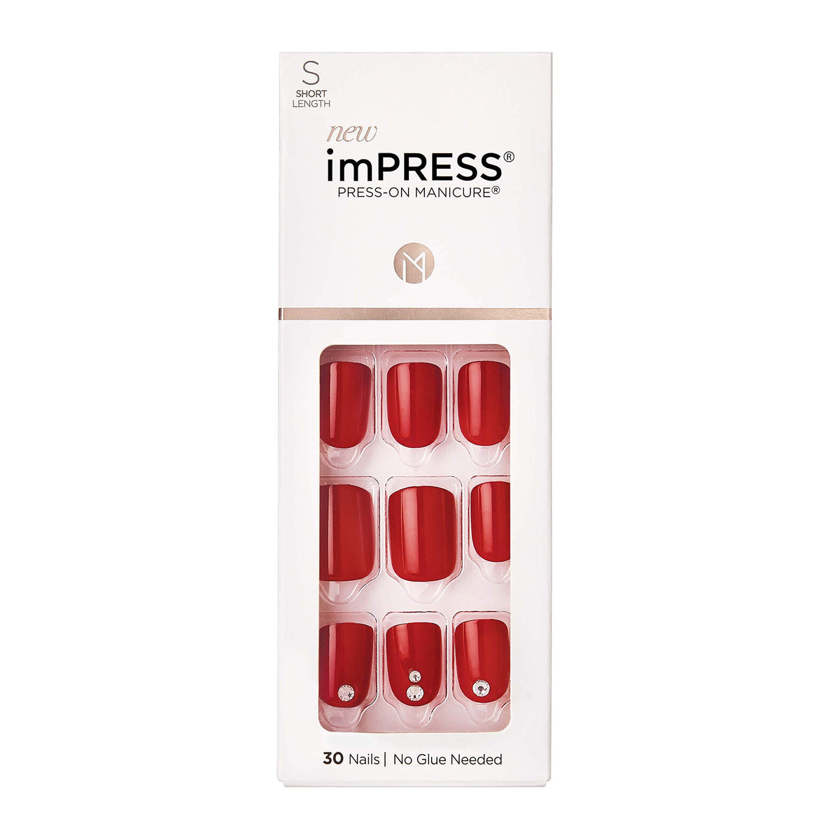 Impress Kiss No Glue Press On Nails, Red Squoval, Short, 30 Nails & Accessories Included