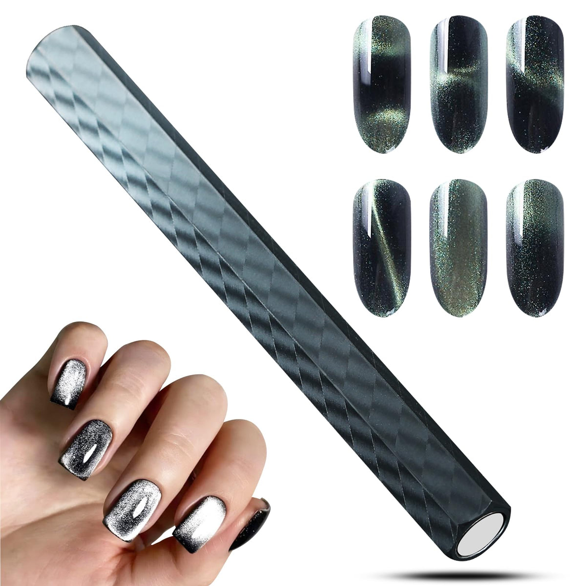 C12Rtive Cat Eye Magnet Tool - Double-Ended Hexagon Nail Magnet For Gel Polish, Silver-Black