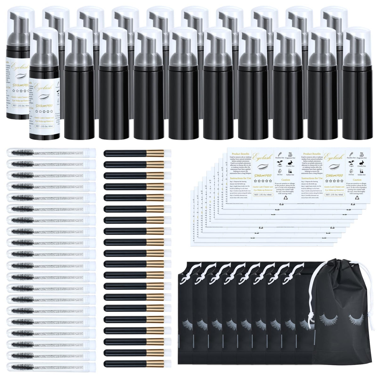 Tannova 100 Pcs Lash Shampoo Bottle Brushes Set - Foam Pumps, Wands & Labels For Eyelash Care