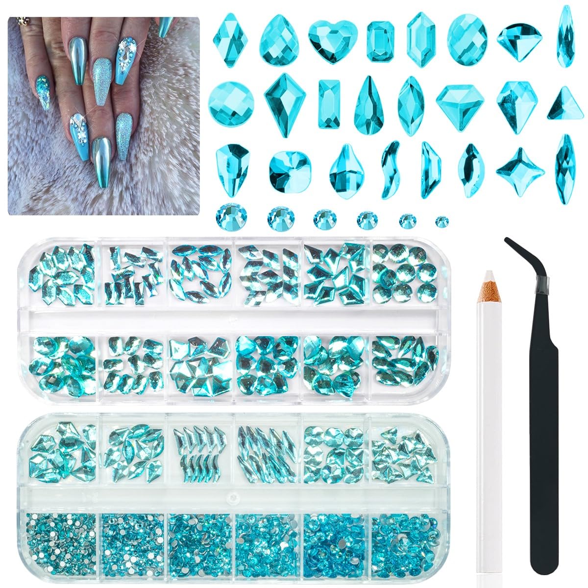 Qiipii Aquamarine Nail Rhinestones - 24 Styles Water Blue Flatback Gems For Art & Makeup