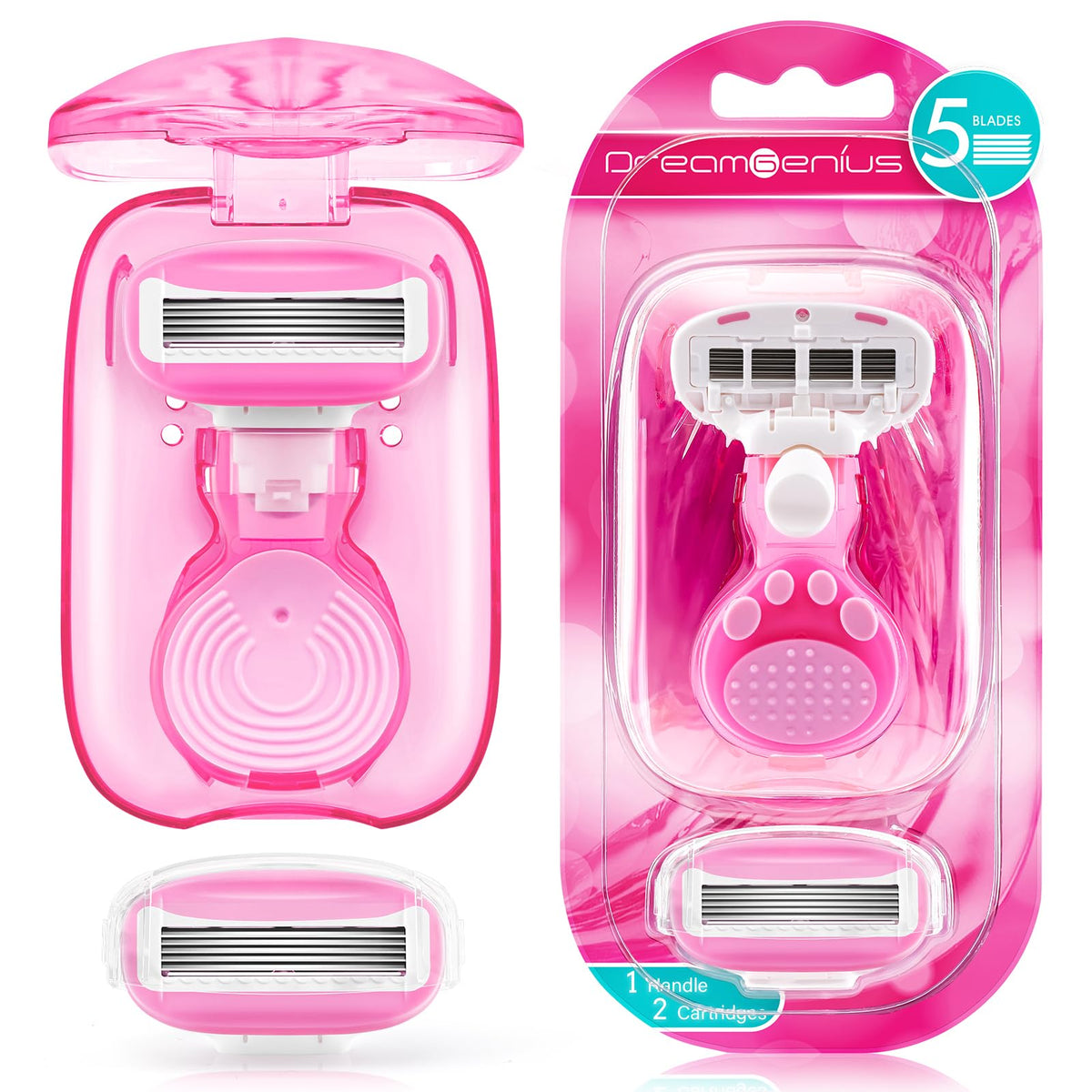 Dreamgenius Pink Travel Razor Set For Women - 5-Blade Shaving Essentials With Case, 3 Pieces