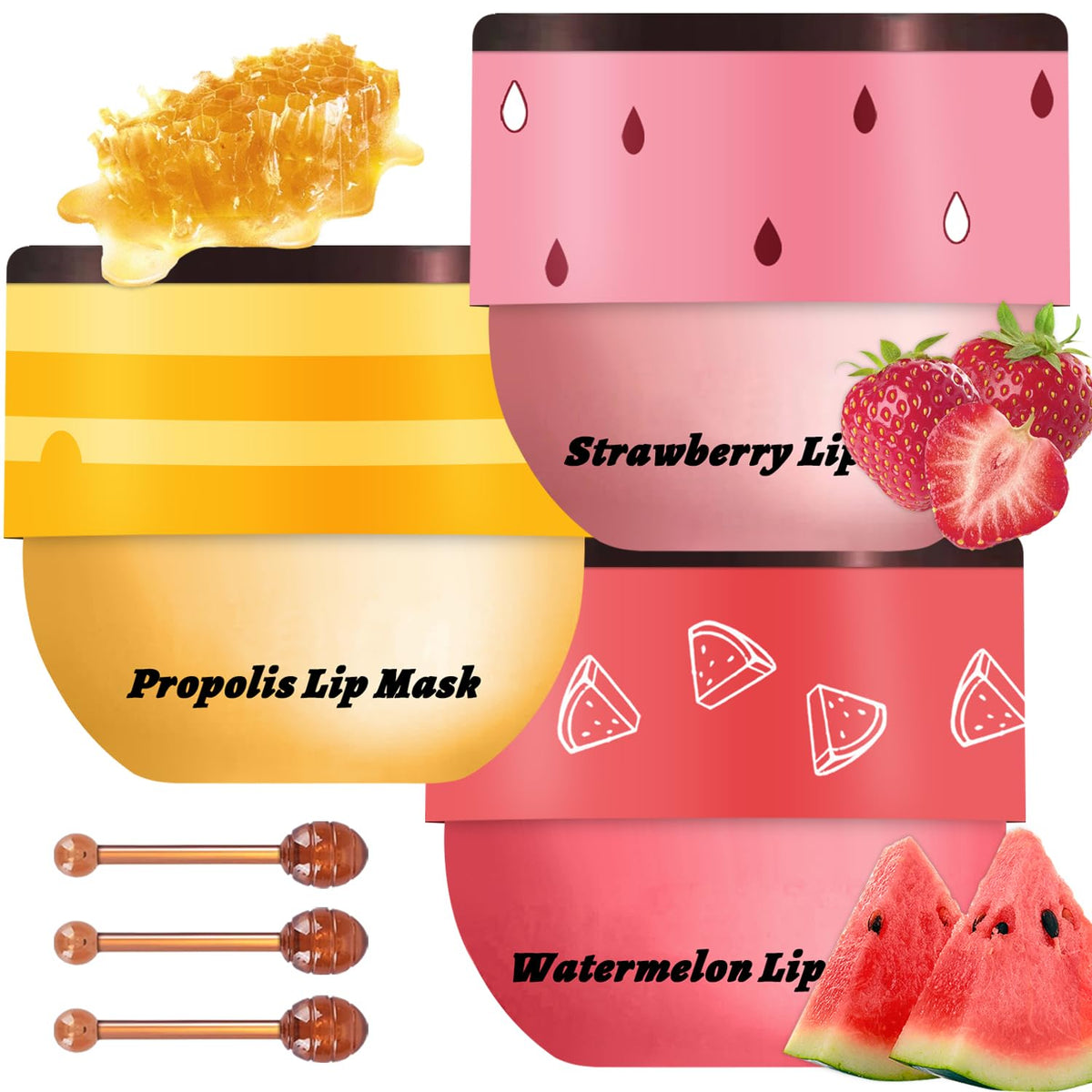 Meilury 3 Pcs Bee Lip Balm Set - Honey, Strawberry, Watermelon Moisturizing Lip Mask For Dry Lips