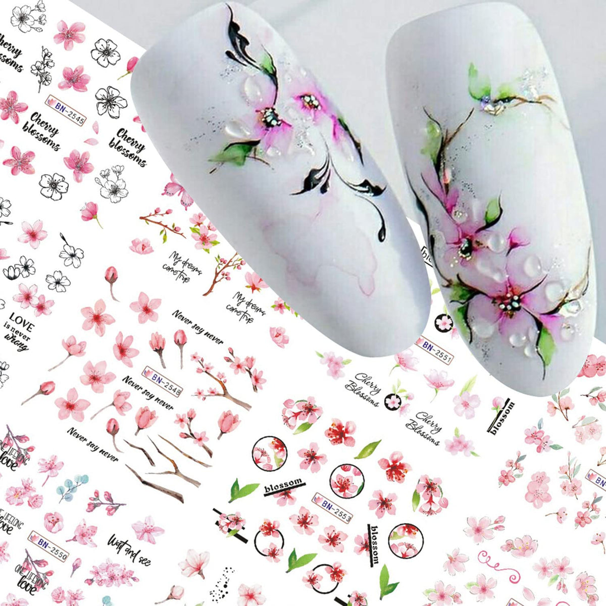 Hoxieya Cherry Blossom Nail Art Stickers - Pink Flower Water Transfer Decals For Manicure