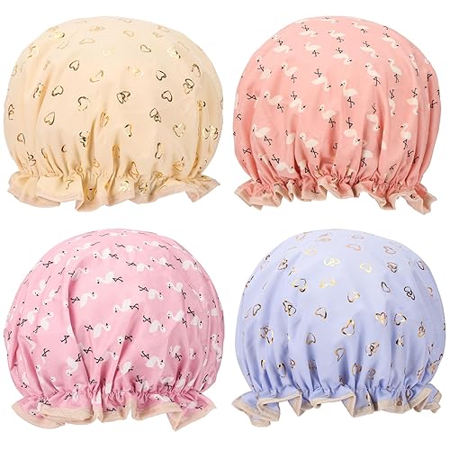 Tbestmax 4 Pcs Reusable Waterproof Shower Caps For Women - Bird & Heart Pattern, Small Size