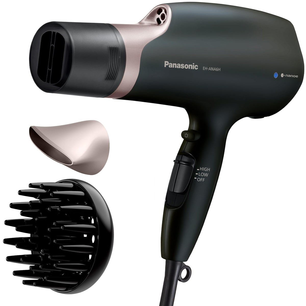 Panasonic Nanoe Hair Dryer, Quick-Dry Nozzle, Diffuser, 3-Speed Heat, Black/Pink Gold