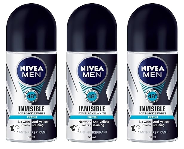 Nivea Men'S Roll-On Deodorant, Pack Of 3, Invisible For Black & White, Fresh Scent, 1