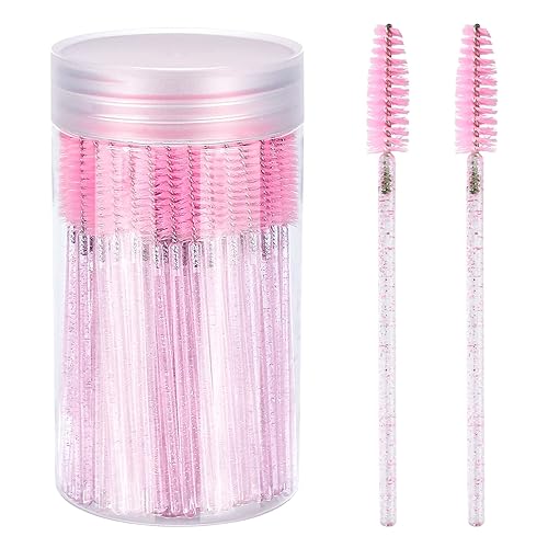 G2Plus 100Pcs Pink Crystal Mascara Wands, Disposable Eyelash & Eyebrow Spoolie Brushes