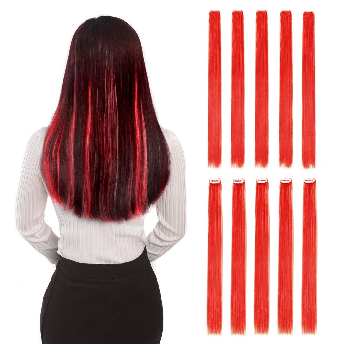 Bhf 22&quot; Red Clip-In Hair Extensions - 10Pcs Straight Fashion Hairpieces For Party Highlights