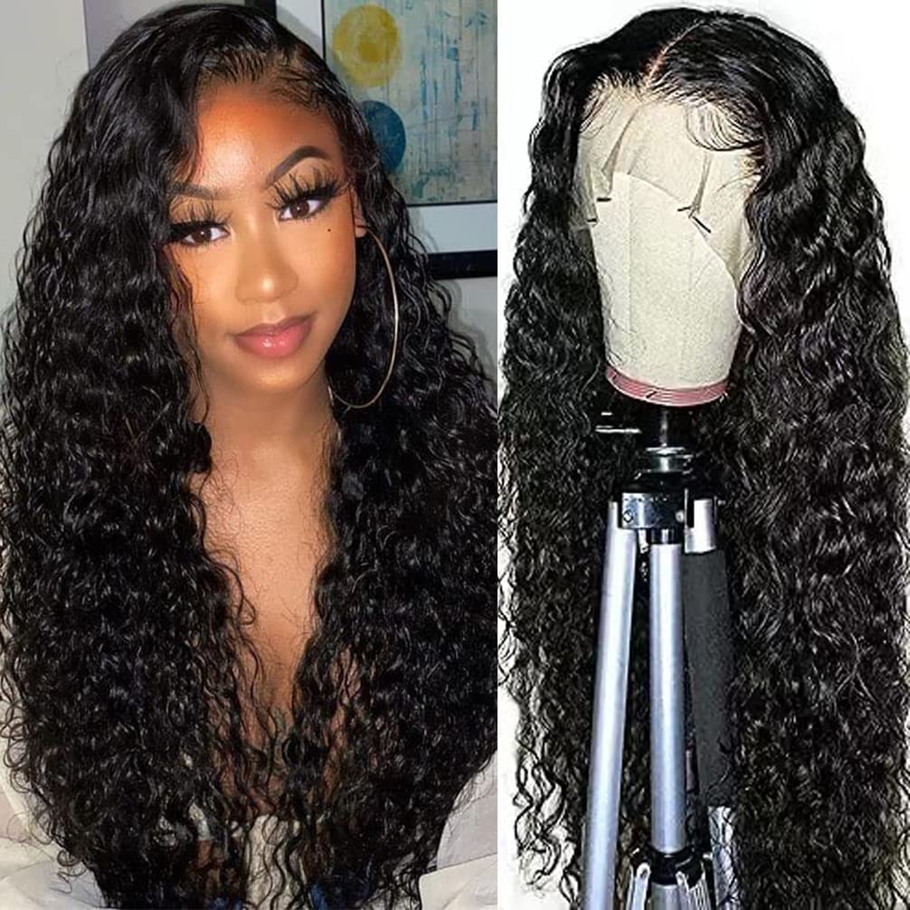 Wppikk 26&quot; 13X4 Water Wave Lace Front Wig - Hd Human Hair, Pre Plucked, Natural Black Color