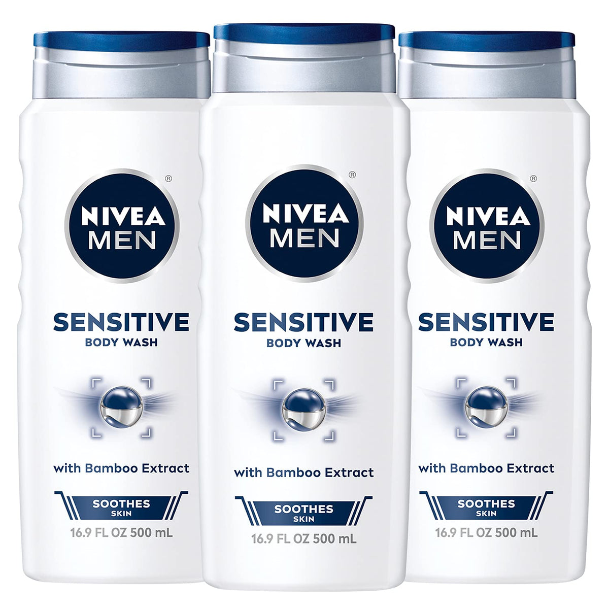 Nivea Men Sensitive Body Wash, Bamboo Extract, 3 Pack Of 16.9 Fl Oz Bottles, Moisturizing Clean