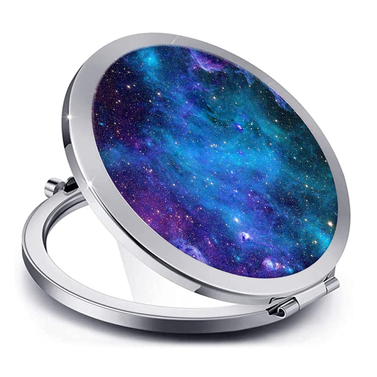 Lonnaone Compact Mirror For Women - Portable Round Makeup Mirror In Silver Starry Sky, 2.8&quot;