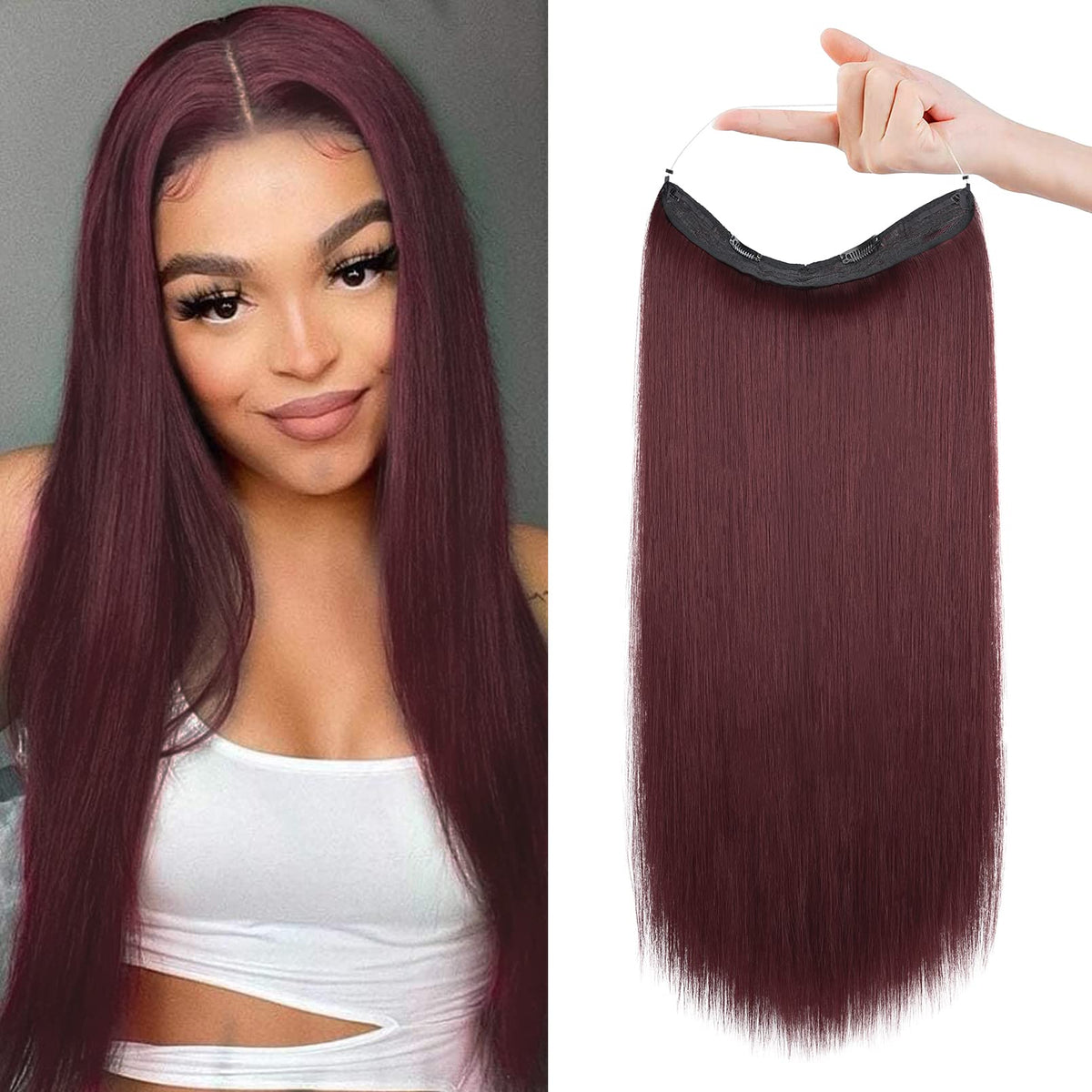 Reecho 24&quot; Invisible Wire Hair Extensions, Wine Red, Adjustable With Secure Clips, Synthetic