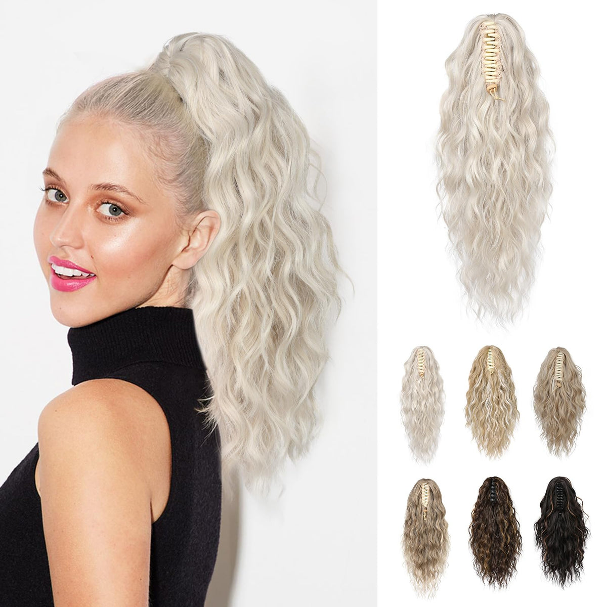 REECHO 14&quot; Platinum Blonde Ponytail Extension - Claw Clip Soft Wavy Synthetic Hairpiece