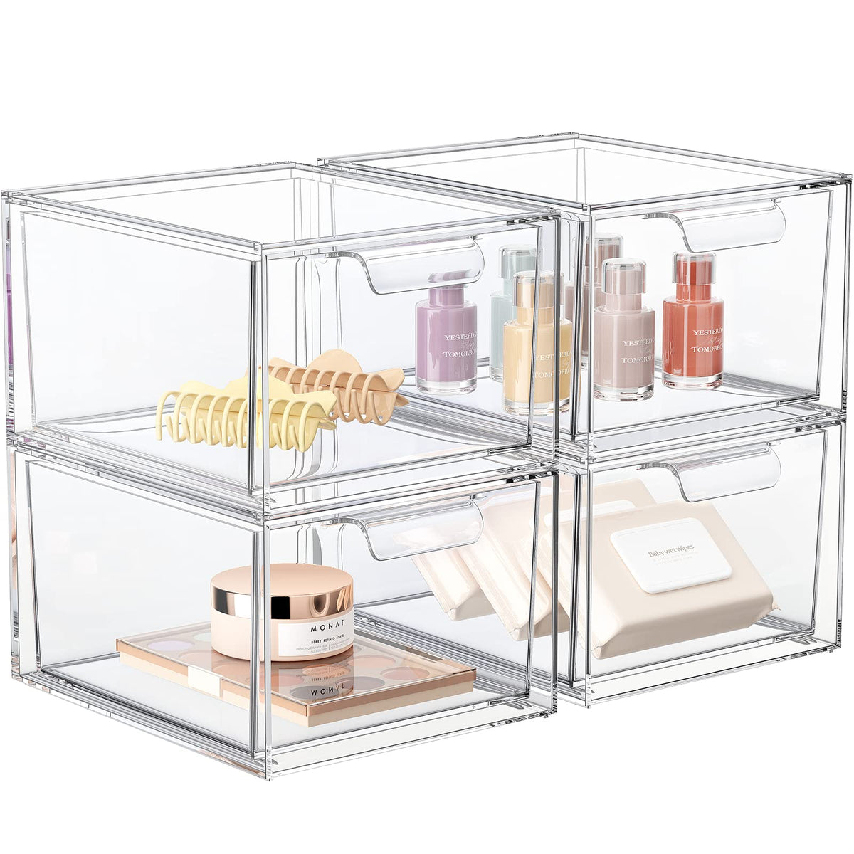 Spacehacks Stackable Makeup Organizer - 4 Pack Clear Acrylic Storage For Vanity & Kitchen