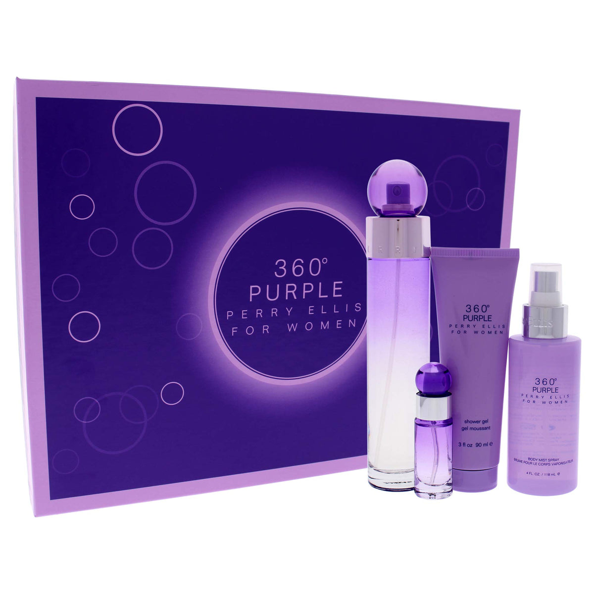 Perry Ellis 360 Purple Women'S 4 Pc Gift Set: Edp Spray, Mini Spray, Body Mist, Shower Gel