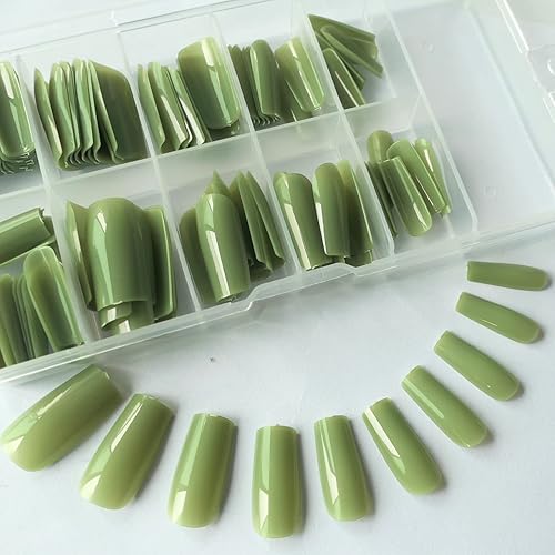 Lifextol Glossy Olive Green Press on Nails - 120pc Full Cover Acrylic Ballerina for Beginners