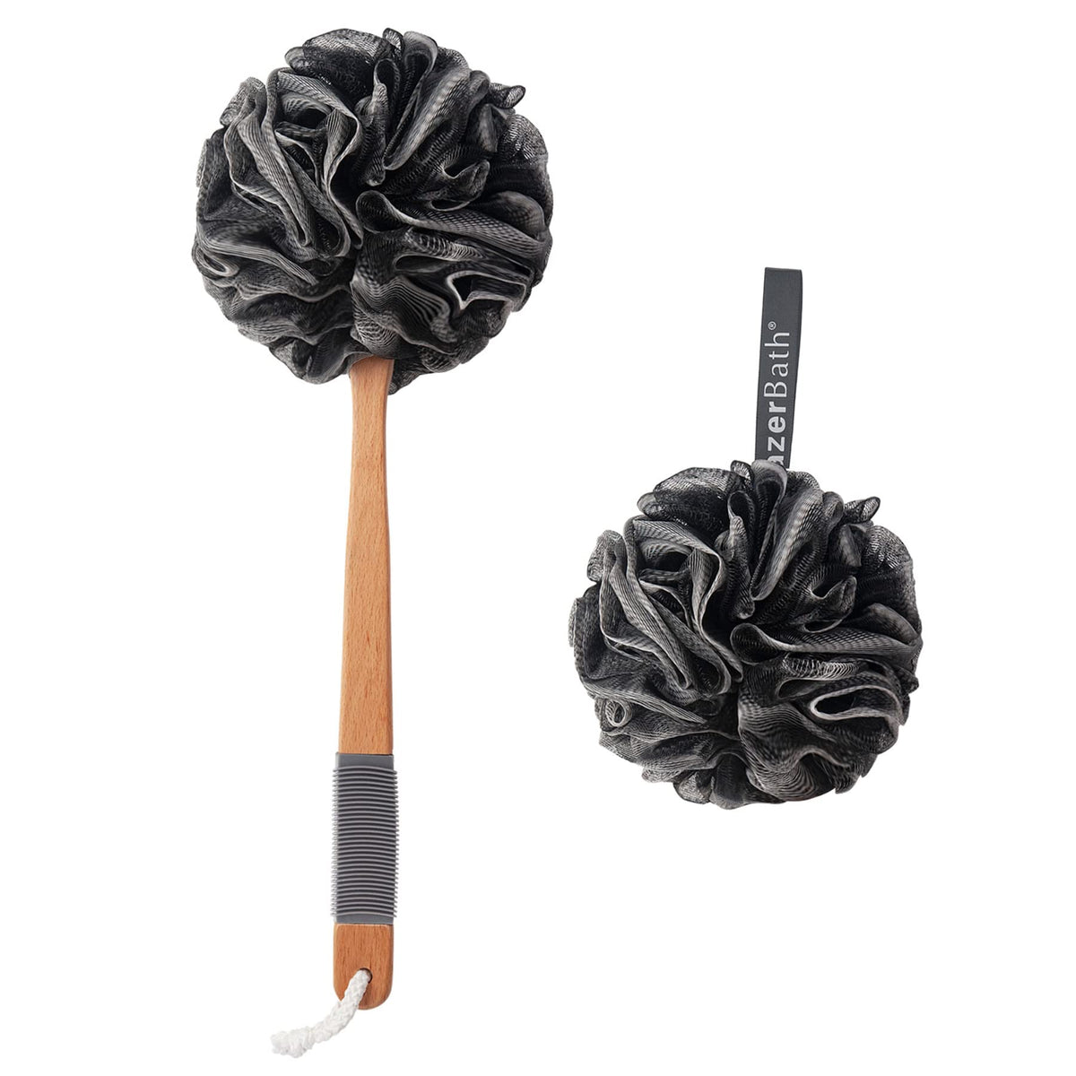 Amazerbath Black Shower Sponge Loofah Back Scrubber With Long Wooden Handle, 2 Count