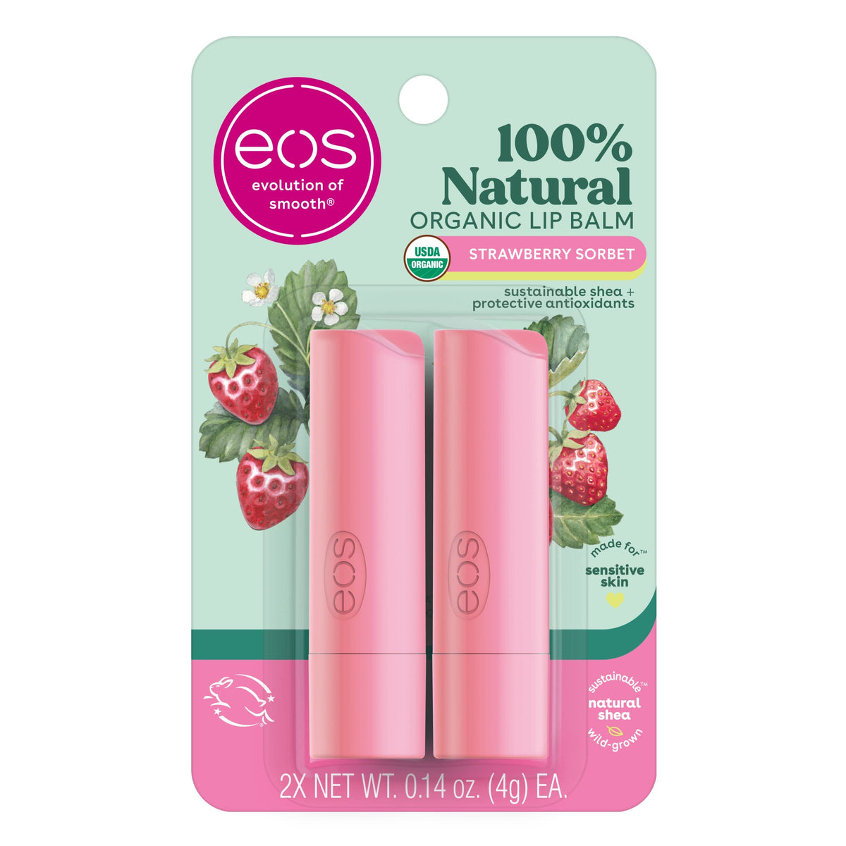 Eos Organic Lip Balm Strawberry Sorbet - 0.14 Oz (2 Pack) - Dermatologist Recommended, All-Day Moisture