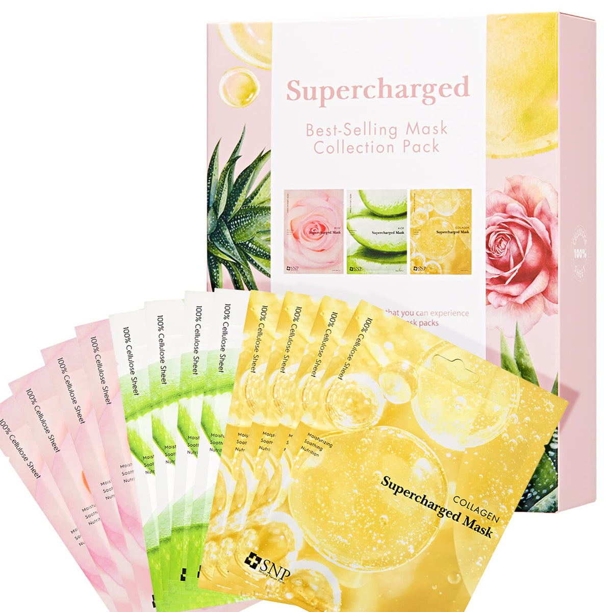 Snp Supercharged Korean Face Mask Variety Pack - 12 Sheets With Collagen, Aloe, Rose