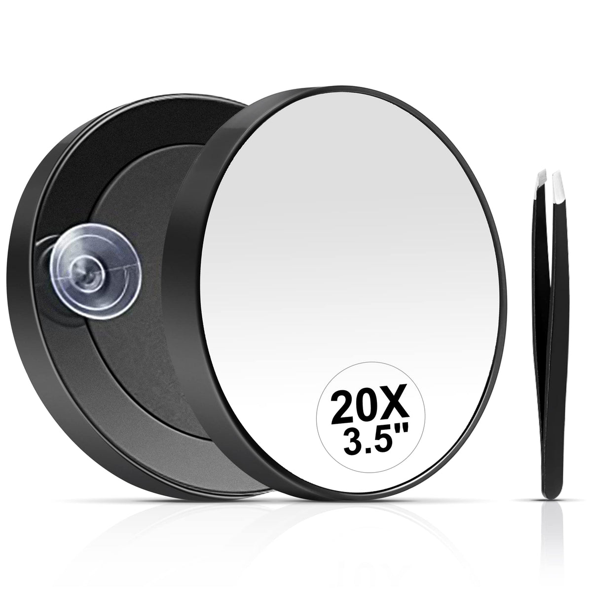 MIYADIVA 20X Magnifying Makeup Mirror Set with Suction Cup & Tweezers, 3.5&quot; Black-