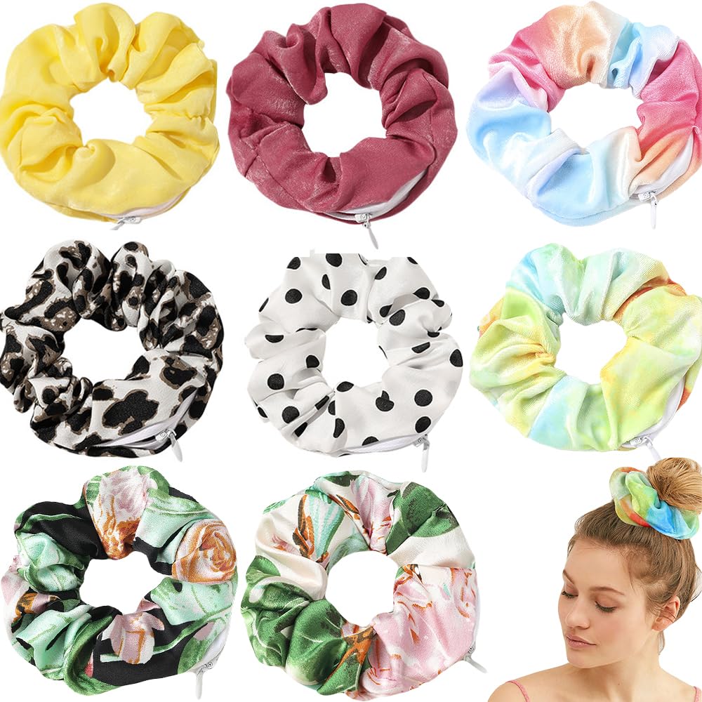 DINPREY Velvet Dots Hair Scrunchies with Zipper Pouch, 8 Pcs Tie Dye & Floral Elastics