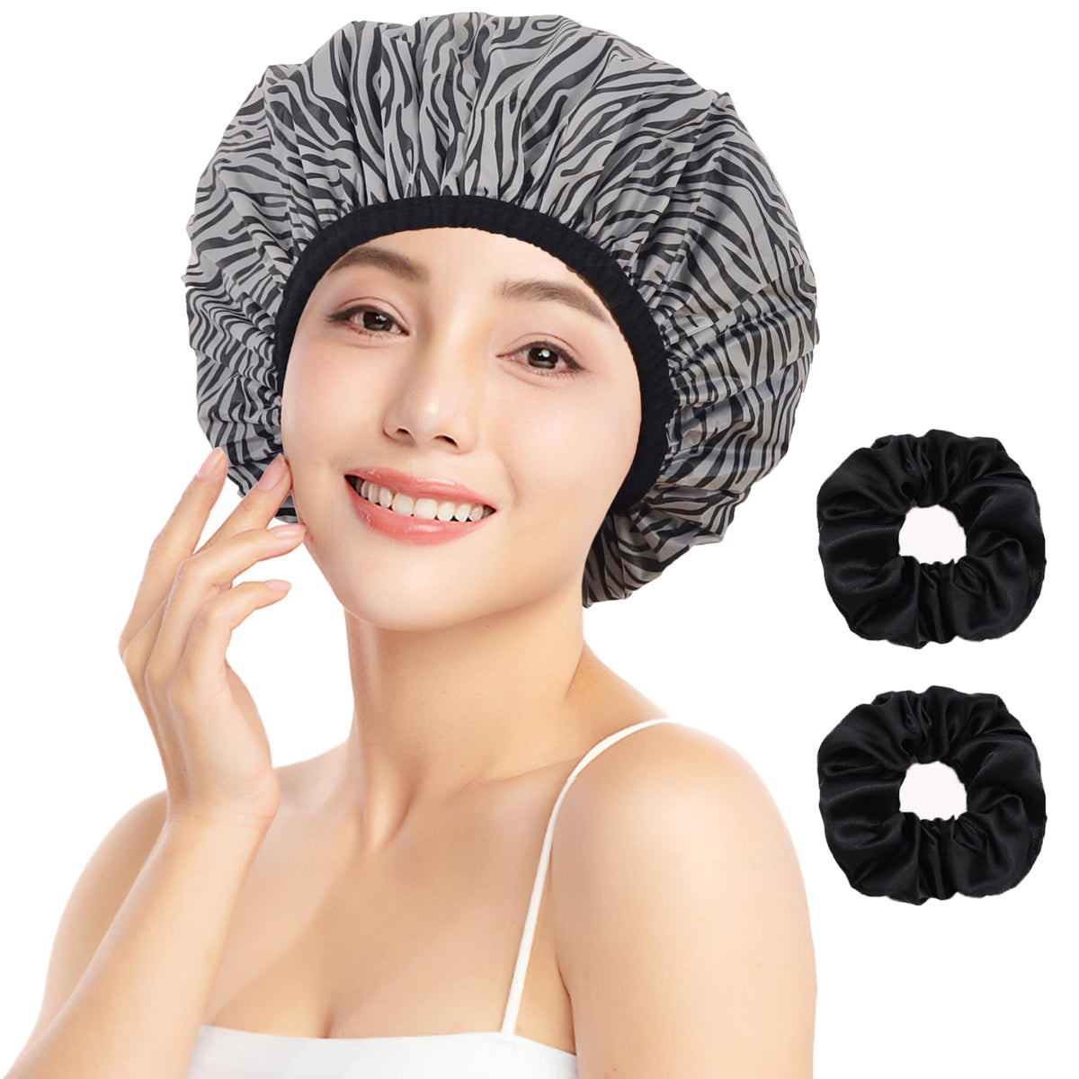 Vidsel Waterproof Satin Lined Shower Cap For Women - Reusable Large Hair Cap For Curly Hair