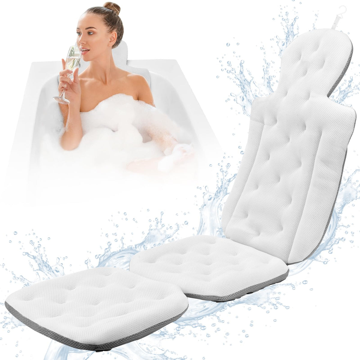 Aobis Full Body Bath Pillow - Luxurious White Cushion For Head, Neck & Back Support, 51&quot;X16&quot;