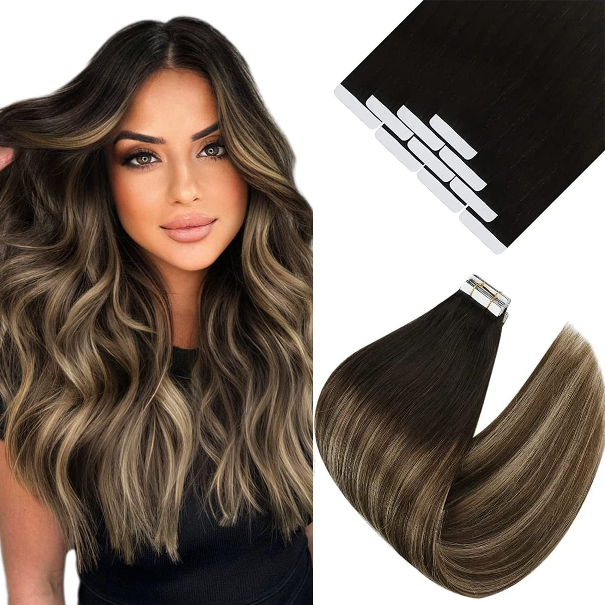 Vesunny Tape In Hair Extensions 22&quot; Black Ombre 10Pcs Real Human Hair Balayage Remy