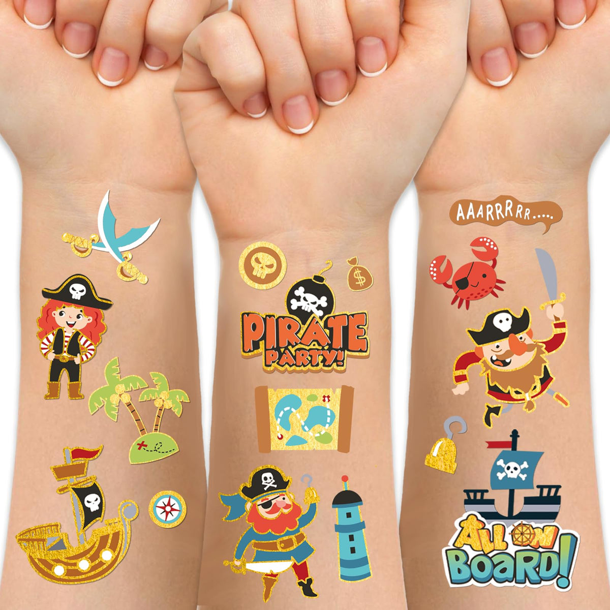 Weipbwor Kids Pirate Temporary Tattoos - 110 Glitter Stickers For Boys & Girls, Waterproof Party Favors