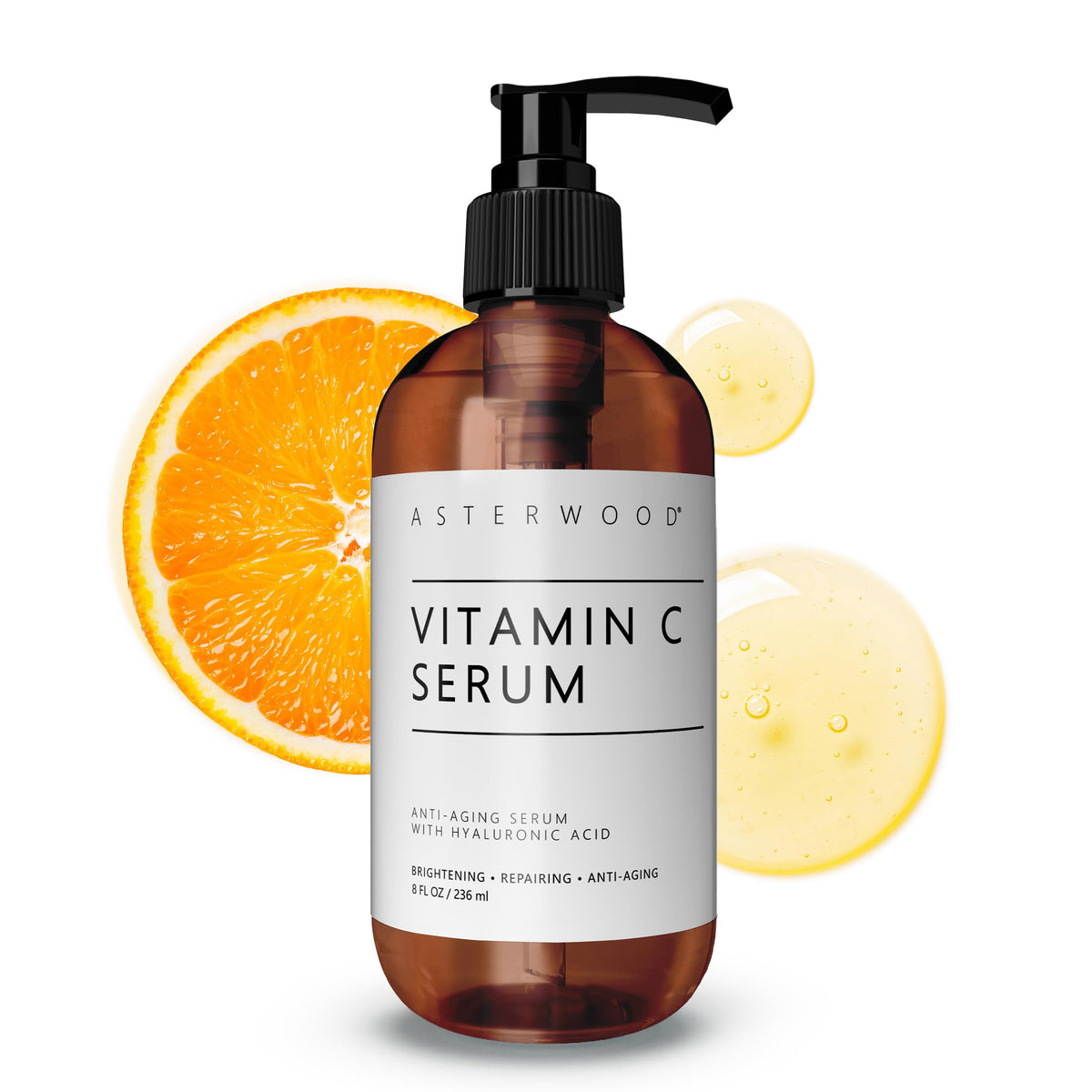 Asterwood Vitamin C Face Serum With Hyaluronic Acid - Fragrance-Free, 8 Fl Oz, Hydrating & Smoothing