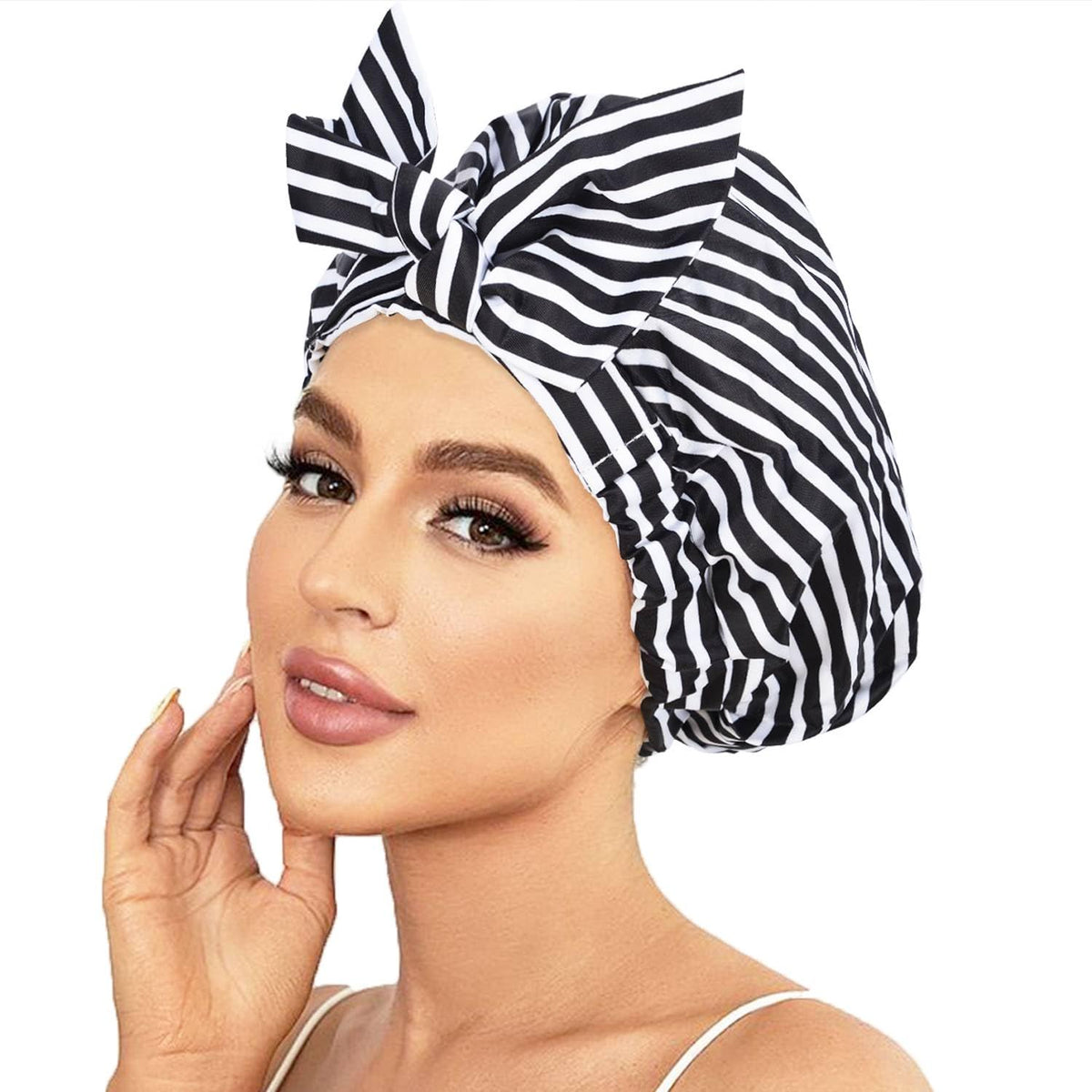 Luvruitaky Luxury Waterproof Shower Cap For Women - Adjustable Bowknot, Black Stripe