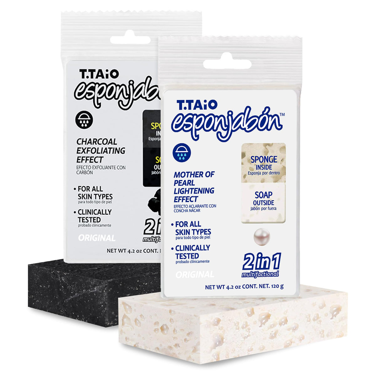 T.Taio Mother Of Pearl & Charcoal Soap Sponges - 2-Pack Shower Scrubbers For Face & Body