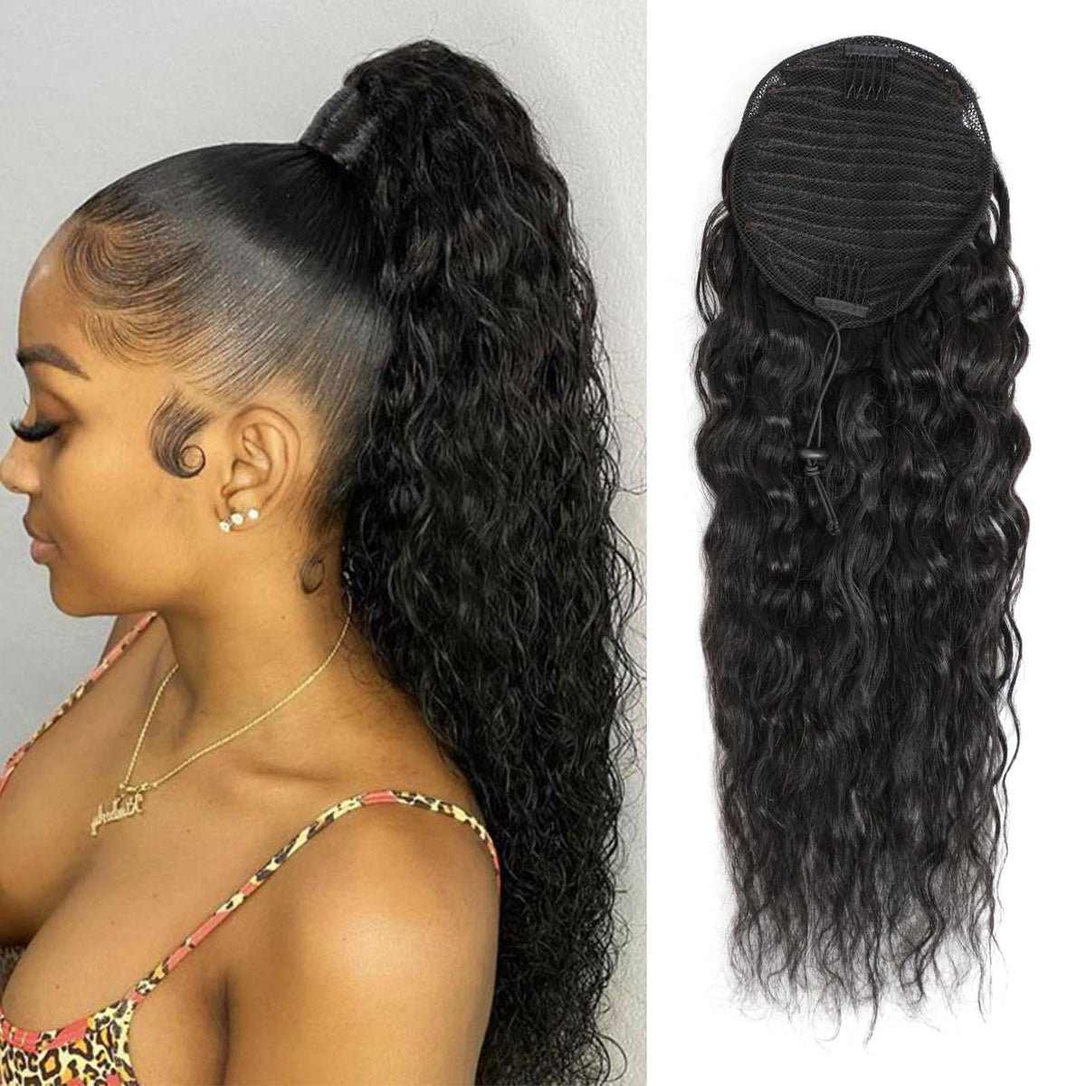 Adette 100% Human Hair Drawstring Ponytail Extension 20&quot; Water Wave For Black Women