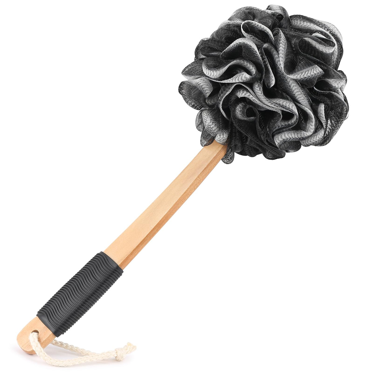 Forenee Black Loofah On A Stick With Wooden Handle - Soft Mesh Back Scrubber For Shower