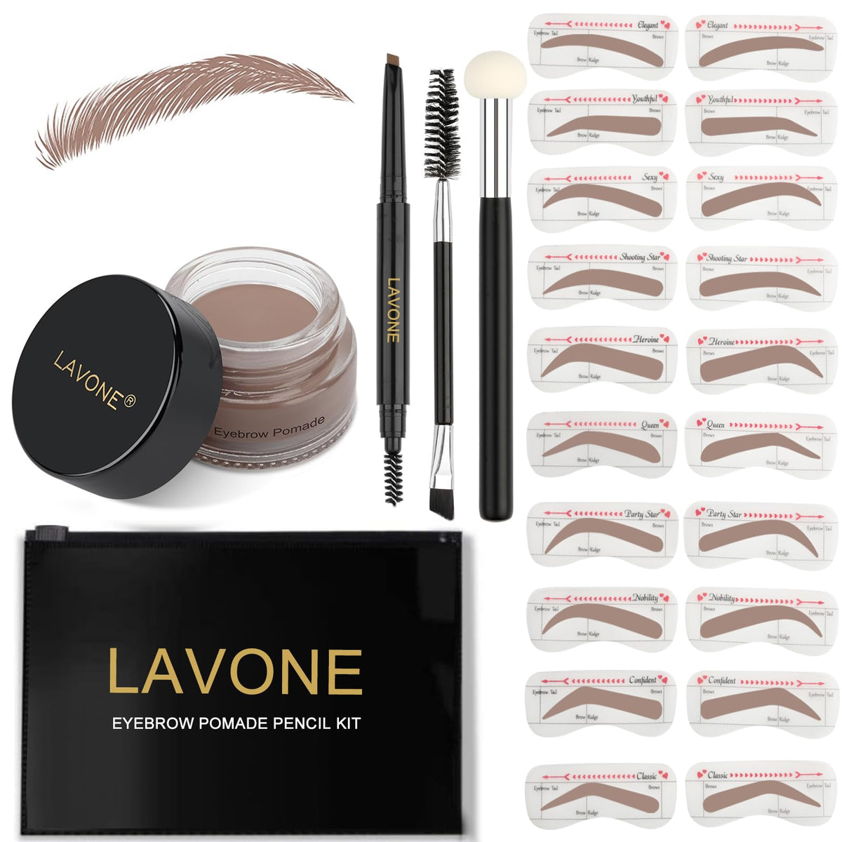 Lavone Eyebrow Stamp Kit - Waterproof Pencil, Pomade, 20 Stencils, Ash Blonde