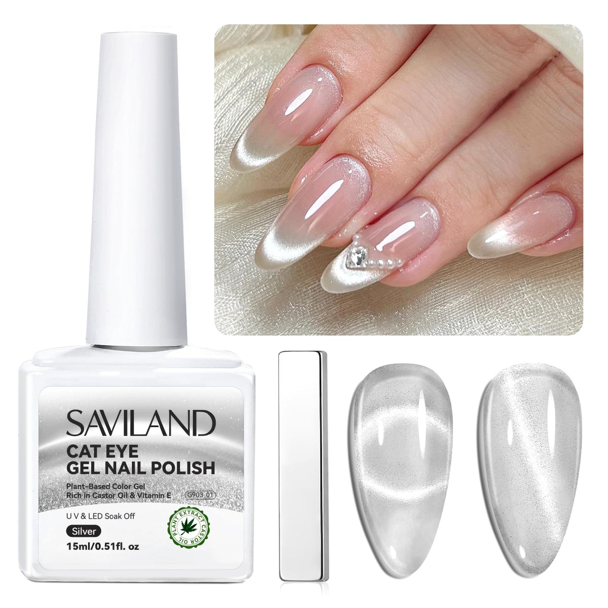 Saviland Silver Cat Eye Gel Nail Polish 15Ml - Reflective Magnetic Soak Off Uv Nail Art