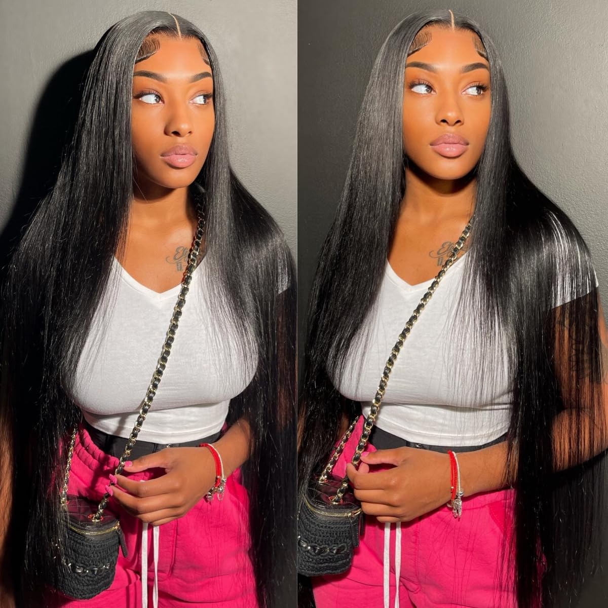 Sihuashow 34&quot; Hd Straight Lace Front Wig Human Hair 180% Density Natural Black For Women