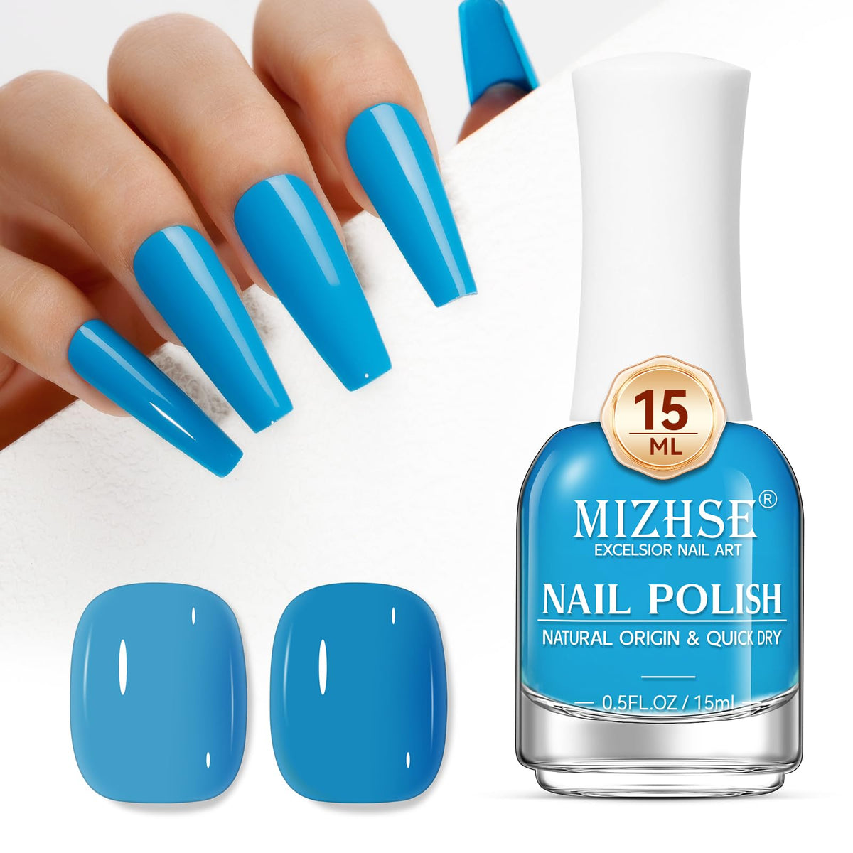 Mizhse Bright Blue Quick Dry Nail Polish 15Ml - High Glossy Water-Based Nail Lacquer