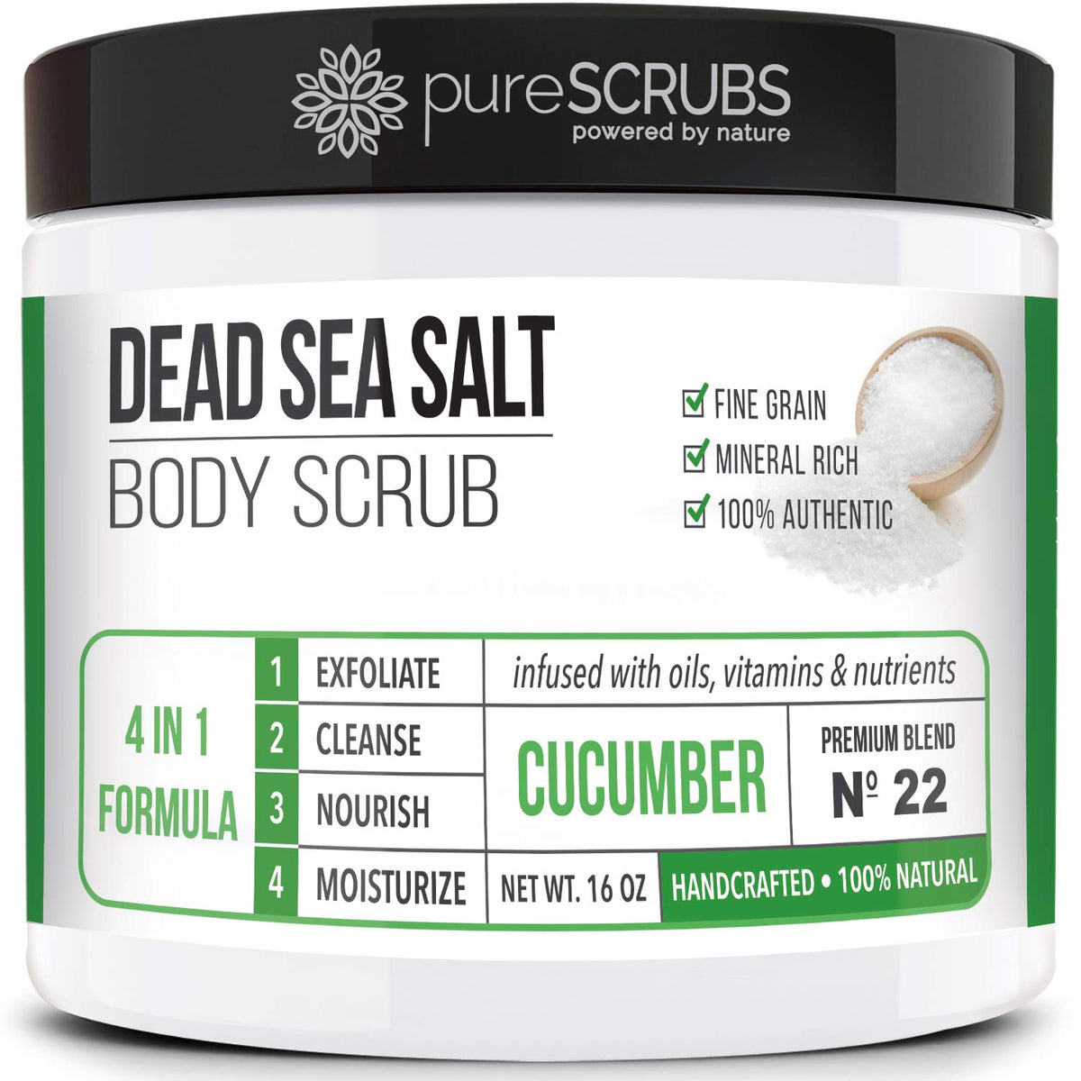 Purescrubs Organic Cucumber Body Scrub Set - 16Oz Dead Sea Salt Exfoliator With Spoon & Loofah