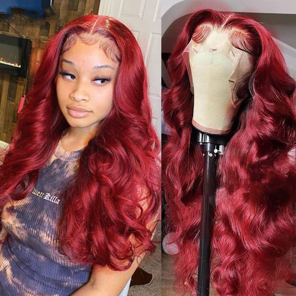 Mupretty 26&quot; 180% Density Burgundy Lace Front Wig - Human Hair Body Wave, Bleached Knots