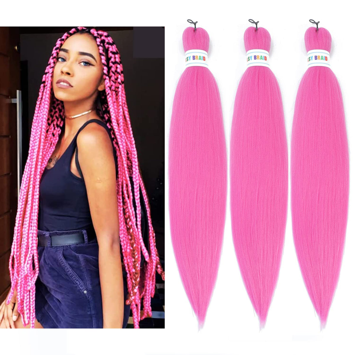 Newluyang 26&quot; Purple Pink Kanekalon Braiding Hair - 3 Packs Pre-Stretched Crochet Extensions