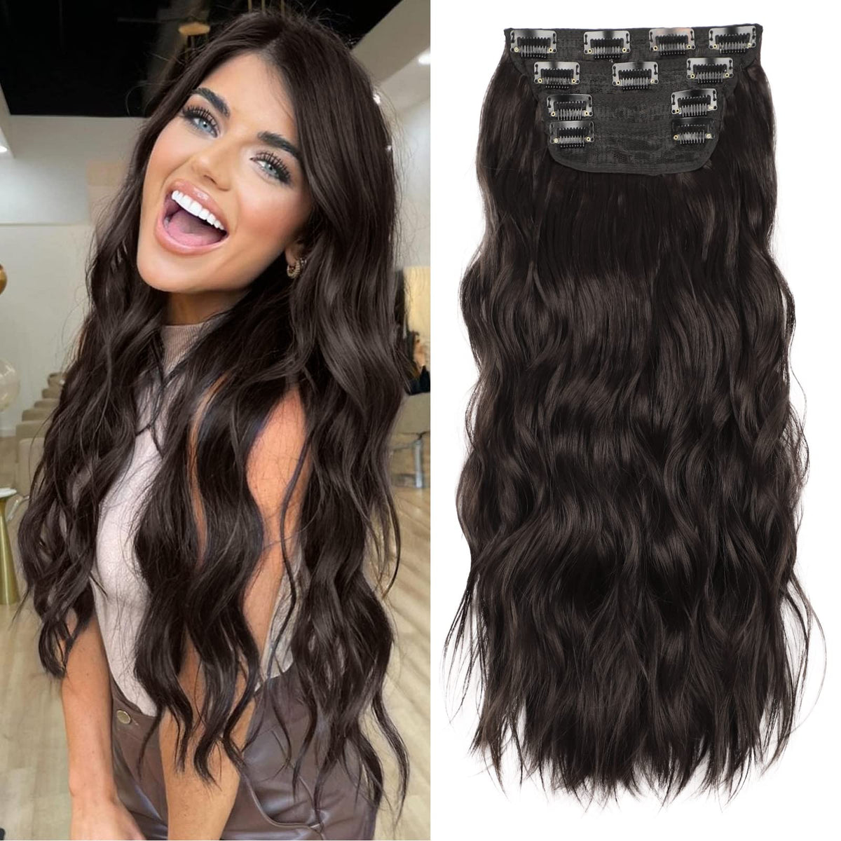 Vigorous 20 Inch Dark Brown Clip In Hair Extensions - Wavy Synthetic Fiber Hairpieces For Women