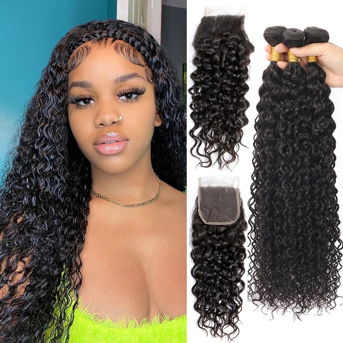 Vallbest Brazilian Water Wave Human Hair Bundles With Closure - 22 24 26+20 Inch