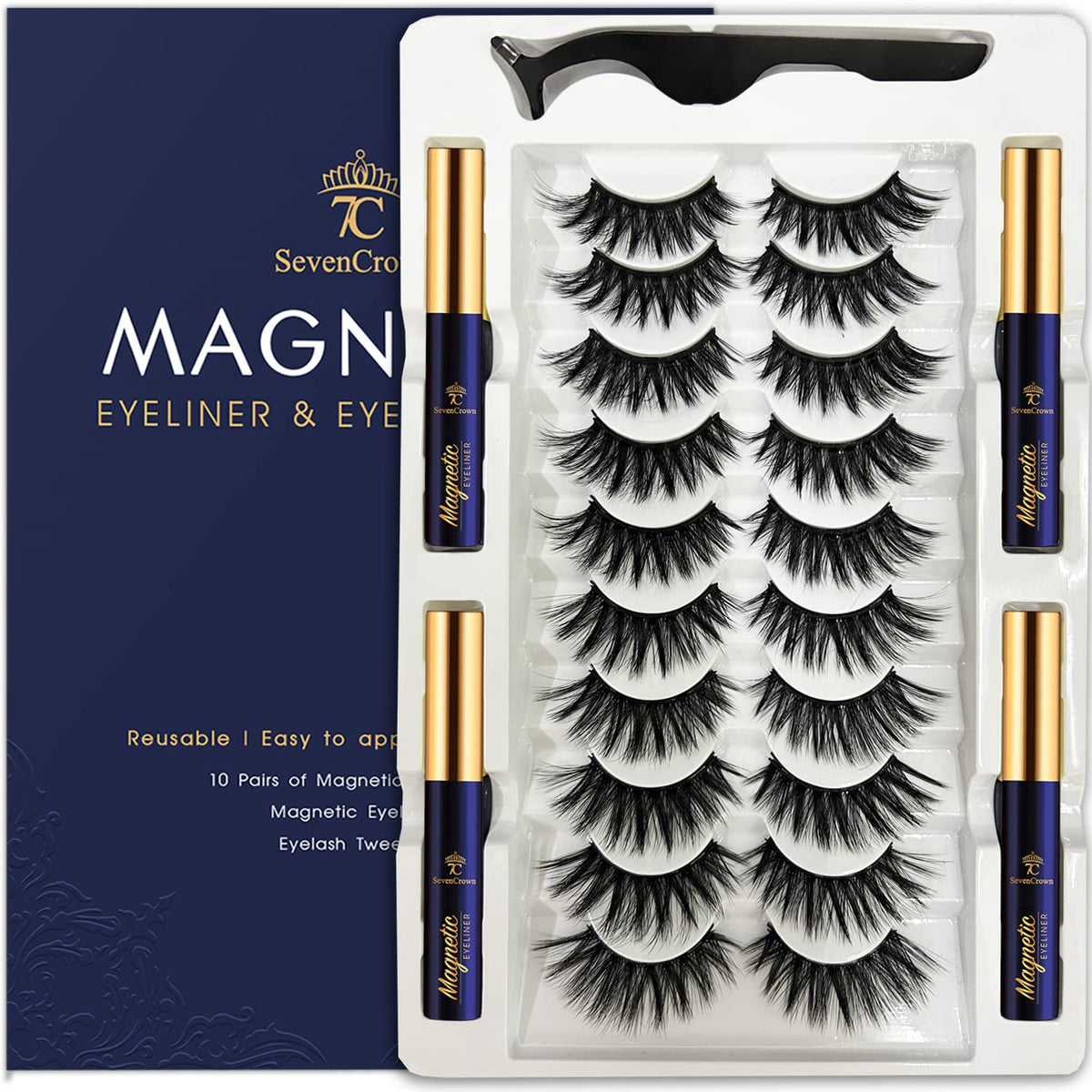 7C Sevencrown Cat-Eye Magnetic Eyelashes Kit With Eyeliner, 10 Pairs, Reusable, Cru