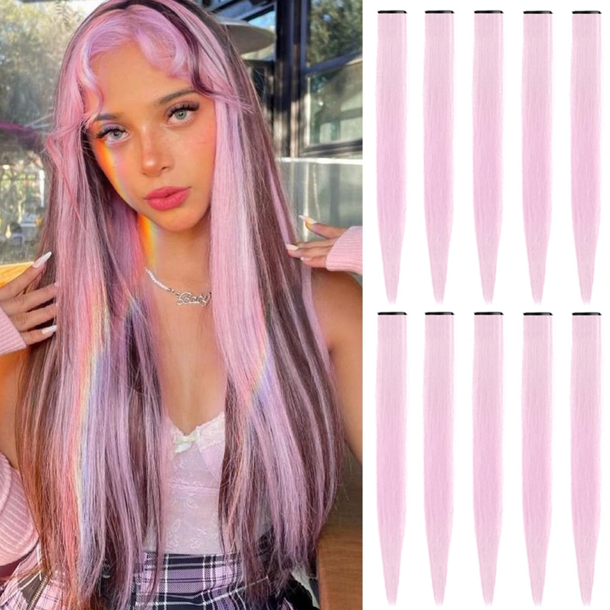 Tofafa 22&quot; Light Pink Synthetic Hair Extensions, 10 Pcs Clip-In Multi-Color Highlights