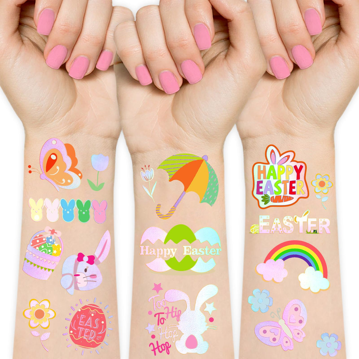 Gabizafia 91Pcs Easter Temporary Tattoos - Bunny, Egg & Chick Stickers For Kids & Women